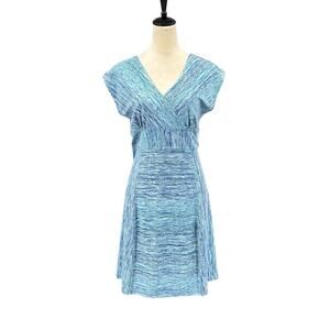 Royal Robbins All Around Blue Green Print V-neck Fit & Flare Cap Sleeve Dress